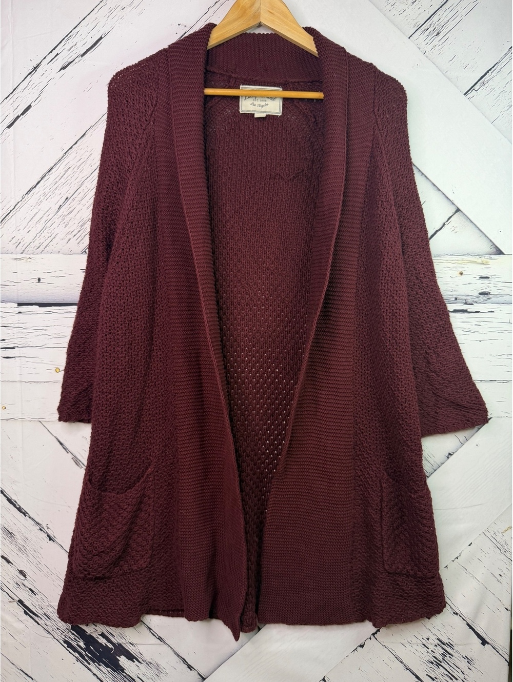 Lucky Brand Boho Whimsy Cabincore Burgundy Open Front Knit Cardigan Women Small